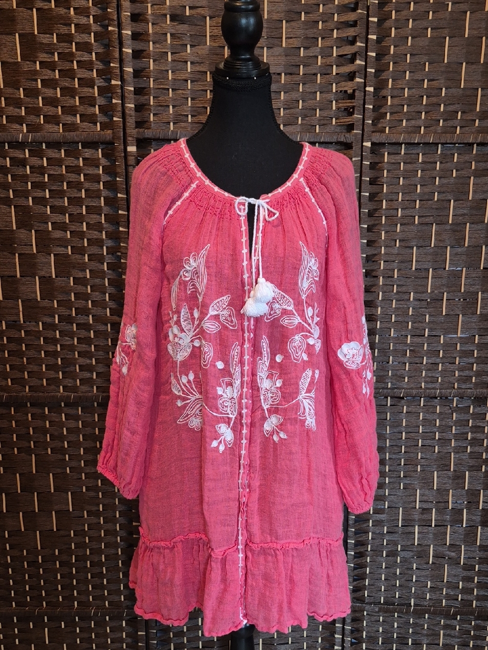 Tommy Bahama Pink Embroidered Midi Dress with Tassel Tie